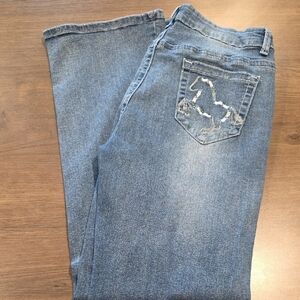Women's Blue Boot Cut Jeans with Embroidered Pocket [ITEM #8]